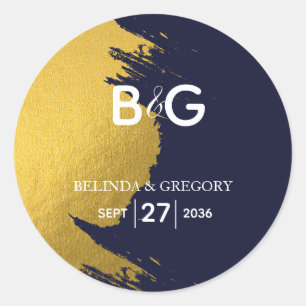 Imitate Gold Navy Blue Monogram Wedding Runder Aufkleber