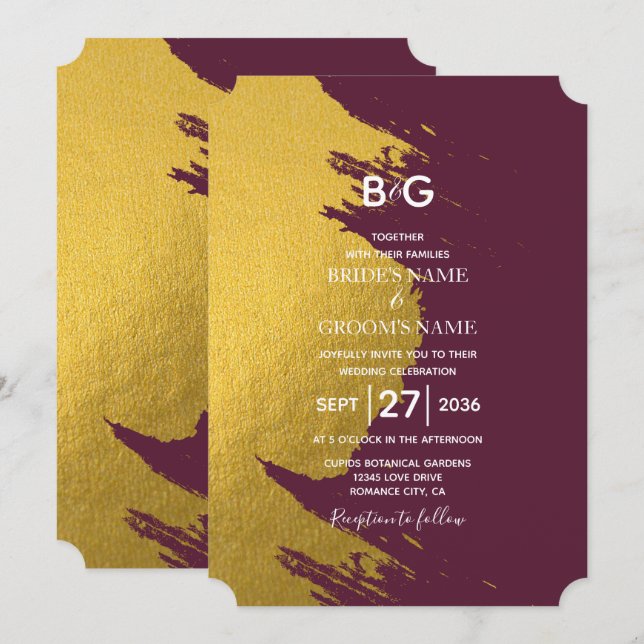 Imitate Gold Pinselstriche & Burgund mit Monogramm Einladung (Vorne/Hinten)