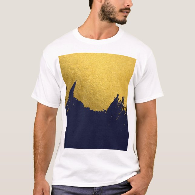 Imitate Gold Pinselstriche mit Navy Blue Backgroun T-Shirt (Vorderseite)