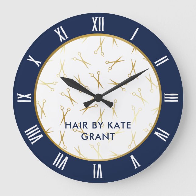 Imitate Gold Scissan Navy Blue Hair Salon Große Wanduhr (Vorderseite)