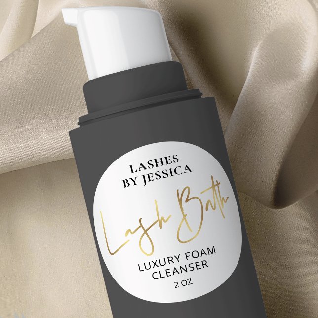 Imitate Gold und Weiß-Script-Logo Lash Bath Cleans Runder Aufkleber (Von Creator hochgeladen)