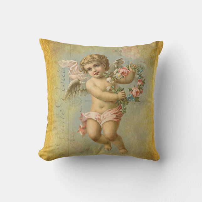 Imitate Gold, Valentine Cherub auf blauem Hintergr Kissen (Vorderseite)