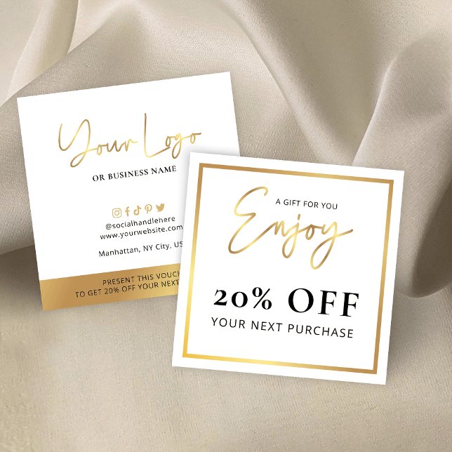 Imitate Gold Vielen Dank für Ihr Geschenk Business Quadratische Visitenkarte (White and gold business 'a gift for you' cards with discount code for your customers)