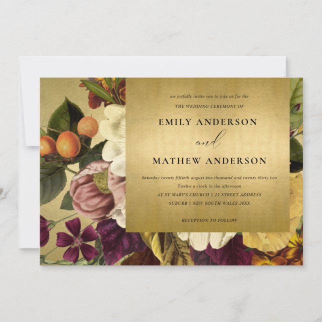 IMITATE GOLD VINTAG RETRO BURGUNDY BLUMENWEDD EINLADUNG (Vorderseite)