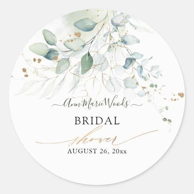 Imitate Gold Watercolor Eukalyptus Brautparty Invi Runder Aufkleber (Vorderseite)
