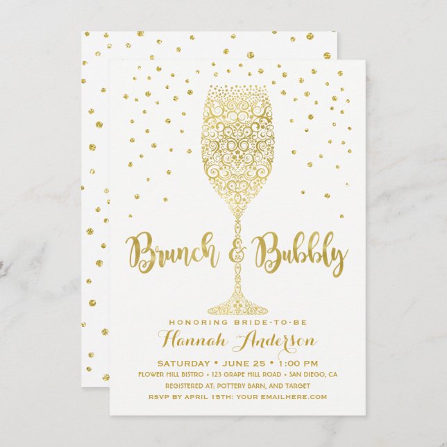 Imitate Gold & White Brunch & Bubbly Brautparty Einladung (Vorne/Hinten)