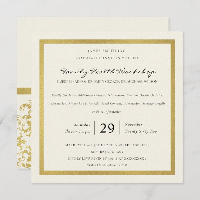 IMITATE GOLD WHITE DAMASK CLASSIC WORKSHOP-VERANST EINLADUNG (Vorne/Hinten)