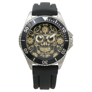 Imitate Gold Zucker Skull Print Watch Armbanduhr