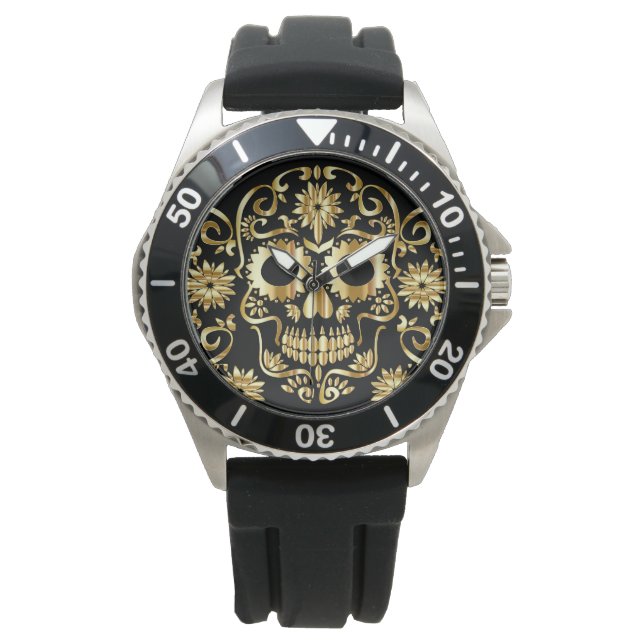 Imitate Gold Zucker Skull Print Watch Armbanduhr (Vorderseite)