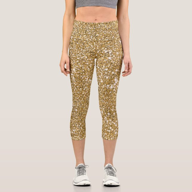 Imitate Golden Yellow Glitzer Texture Look Grafik Capri Leggings (Vorderseite)