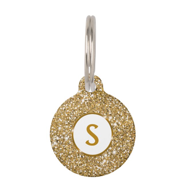 Imitate Goldener gelber Glitzer mit Monogramm Haustiermarke (Vorderseite)