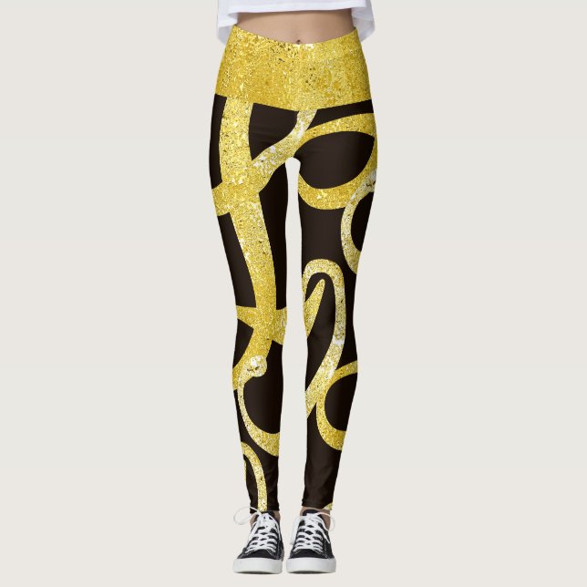Imitate goldfarbener abstrakter Buchstabe L glänze Leggings (Vorderseite)