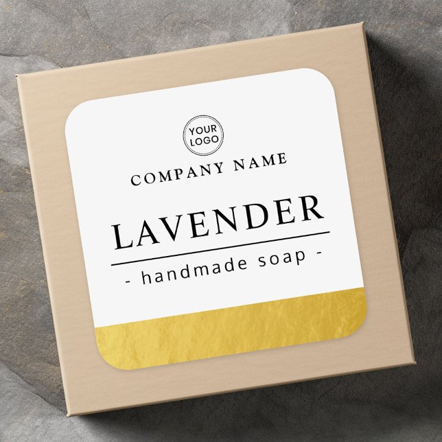 Imitate goldfarbenes Logo weißes, elegantes Produk Quadratischer Aufkleber (Faux gold border logo white elegant product label)