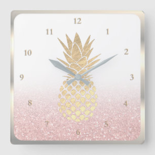 Imitate Goldfolie Ananas auf Imitaten Glitzer Quadratische Wanduhr