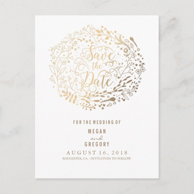 Imitate Goldfolie Blumenstrauß Save the Date Ankündigungspostkarte (Vorderseite)