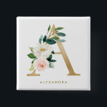 Imitate Goldfolie Hübscher Blumenbrief A Monogramm Button<br><div class="desc">Feminine und elegante Blumenschaltfläche mit Aquarellbildern von Blume,  Grün und Imitate. Personalisieren Sie das Programm durch Hinzufügen eines Namens oder einer kurzen Wortgruppe. Dieser monogramm Blumenknopf ist ein personalisiertes Geschenk.</div>