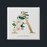 Imitate Goldfolie Hübscher Blumenbrief A Monogramm Button<br><div class="desc">Feminine und elegante Blumenschaltfläche mit Aquarellbildern von Blume,  Grün und Imitate. Personalisieren Sie das Programm durch Hinzufügen eines Namens oder einer kurzen Wortgruppe. Dieser monogramm Blumenknopf ist ein personalisiertes Geschenk.</div>