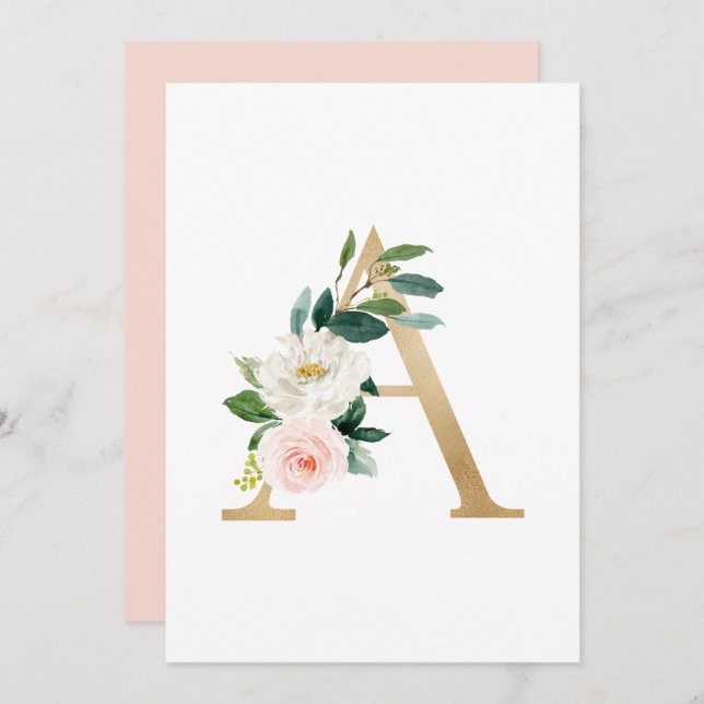 Imitate Goldfolie Letter A Blush Floral Monogram Einladung (Vorne/Hinten)