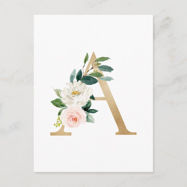 Imitate Goldfolie Letter A Blush Floral Monogram Postkarte (Vorderseite)