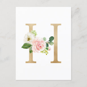 Imitate Goldfolie Letter H Blush Floral Monogramm Postkarte