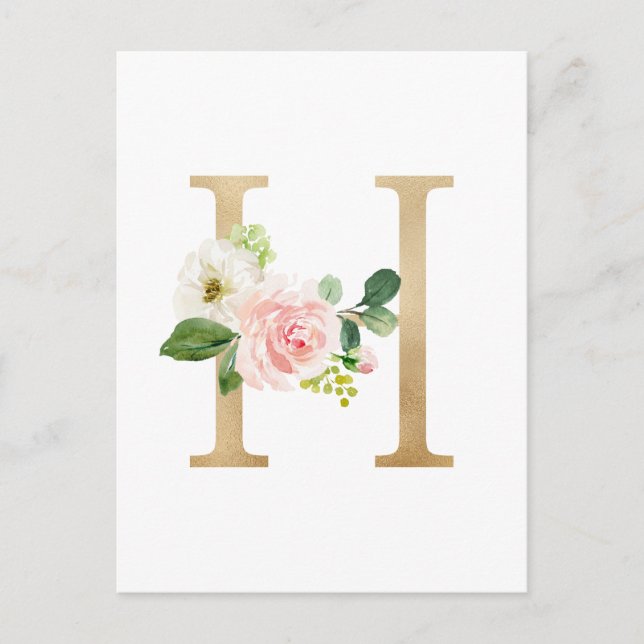 Imitate Goldfolie Letter H Blush Floral Monogramm Postkarte (Vorderseite)