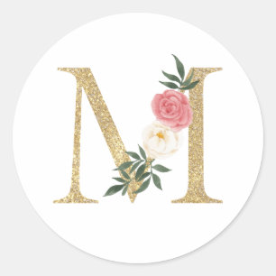 Imitate Goldfolie Letter M Blush Floral Monogramm Runder Aufkleber