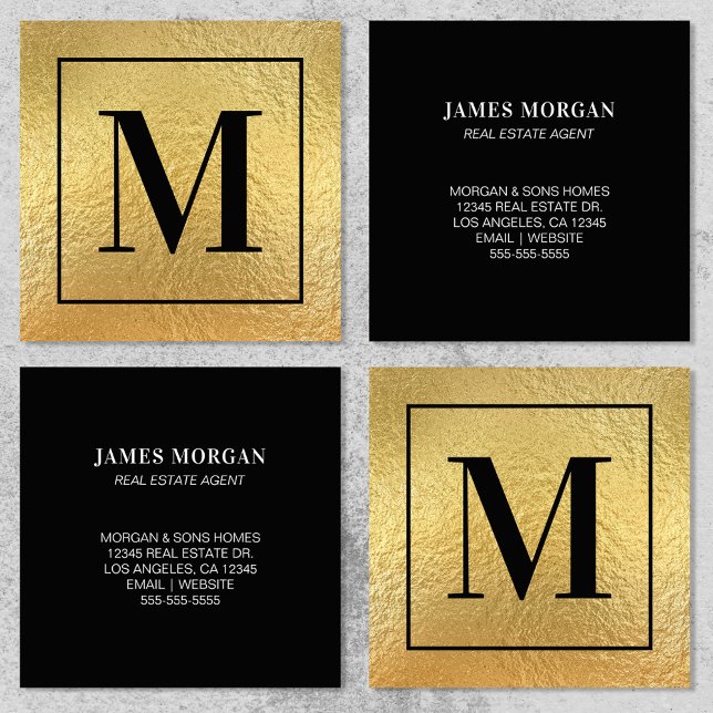 Imitate Goldfolie Schwarze Border Monogramm Quadratische Visitenkarte (Faux Gold Foil Black Border Monogram Square Business Card)