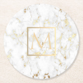 Imitate Goldmonogramm auf weißem Marmorstein Runder Pappuntersetzer