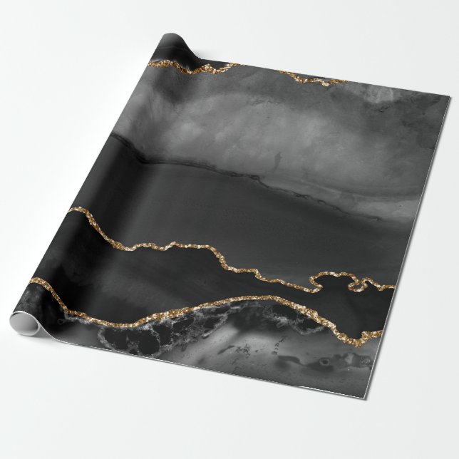 Imitate Grau Marmor Agate Golden Glitzer Schwarzer Geschenkpapier (Ungerollt)