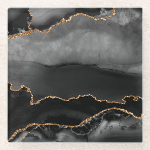 Imitate Gray Marbled Agate Golden Glitzer Schwarze Glasuntersetzer