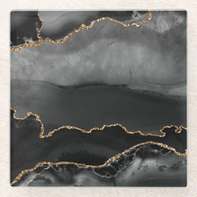 Imitate Gray Marbled Agate Golden Glitzer Schwarze Glasuntersetzer (Vorderseite)