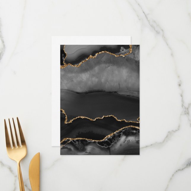 Imitate Gray Marbled Agate Golden Glitzer Schwarze Menükarte (Vorderseite/Rückseite Beispiel)