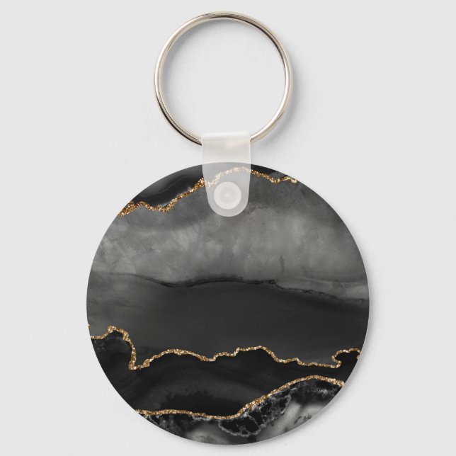Imitate Gray Marbled Agate Golden Glitzer Schwarze Schlüsselanhänger (Vorderseite)