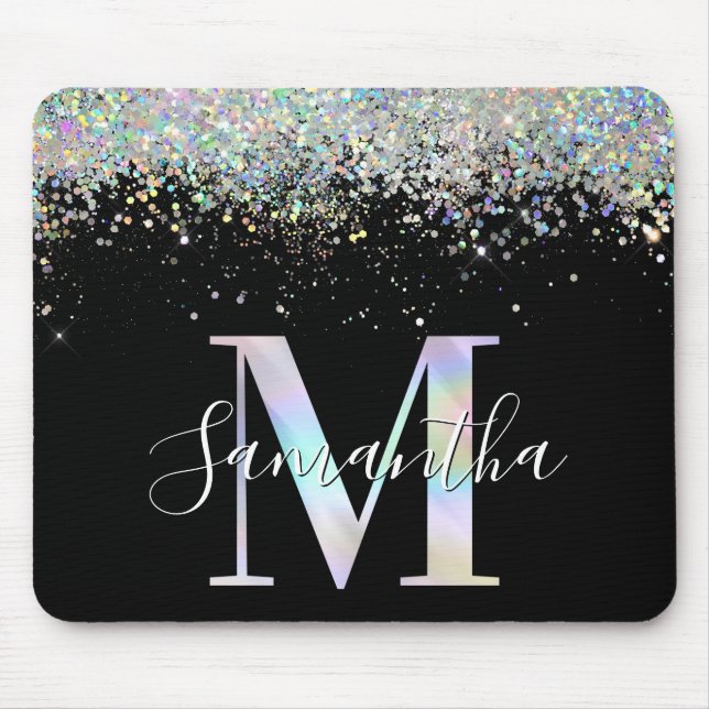 Imitate Holografischer Glitzer Iridescent Monogram Mousepad (Vorne)