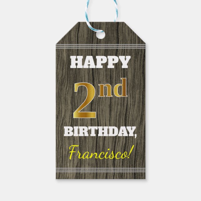 Imitate Holz, Imitate Gold 2. Geburtstag + Individ Geschenkanhänger (Vorderseite)