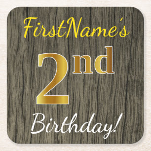 Imitate Holz, Imitate Gold 2. Geburtstag + Individ Rechteckiger Pappuntersetzer