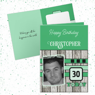 Imitate Holz rustikal 30. grünes Foto Geburtstag Karte