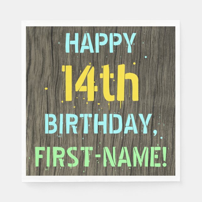 Imitate Holz, Textanstrich, 14. Geburtstag + Name Serviette (Vorderseite)