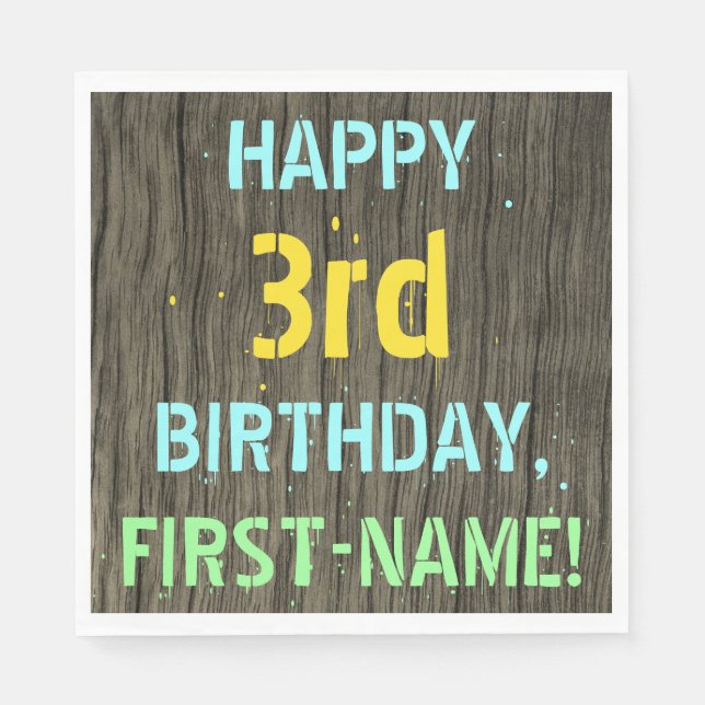 Imitate Holz, Textanstrich, 3. Geburtstag + Name Serviette (Vorderseite)