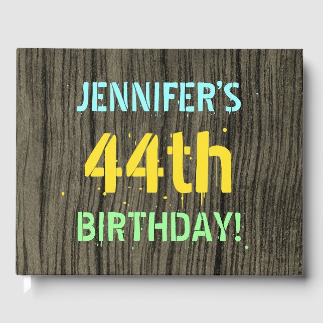 Imitate Holz, Textanstrich, 44. Geburtstag + Name Gästebuch (Vorderseite)
