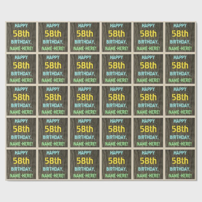 Imitate Holz, Textanstrich, 58. Geburtstag + Name Geschenkpapier (Flach)