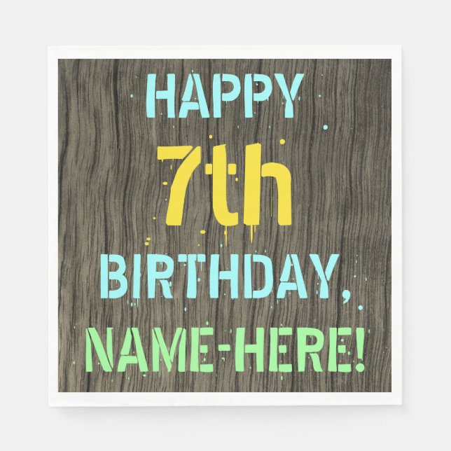Imitate Holz, Textanstrich, 7. Geburtstag + Name Serviette (Vorderseite)
