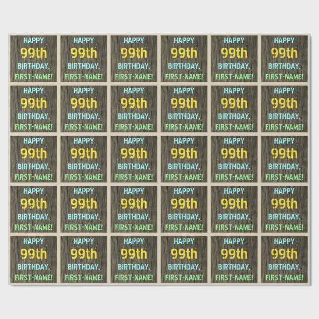 Imitate Holz, Textanstrich, 99. Geburtstag + Name Geschenkpapier (Flach)