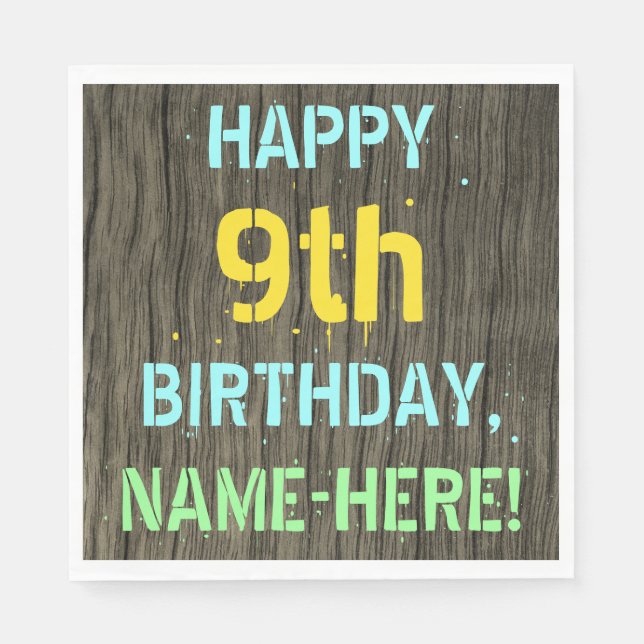 Imitate Holz, Textanstrich, 9. Geburtstag + Name Serviette (Vorderseite)
