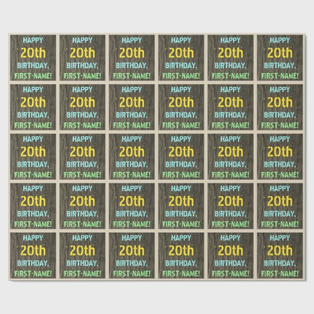 Imitate Holz, Textanzeige gestrichen, 20. Geburtst Geschenkpapier (Flach)