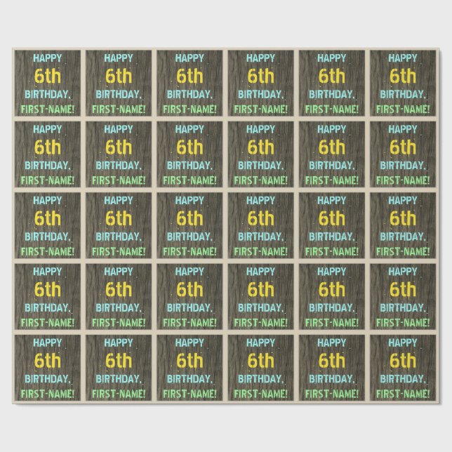 Imitate Holz, Textanzeige gestrichen, 6. Geburtsta Geschenkpapier (Flach)