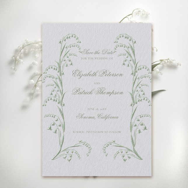 Imitate in Lily Valley Grüne feierliche Hochzeit Save The Date (formal wedding save the date classic traditional faux embossed lily of the valley frame ivory green)
