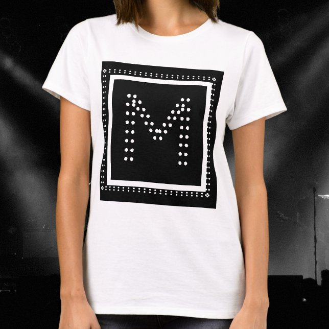 Imitate Kristall Retro Rock Mit Monogramm Schwarz- T-Shirt (A cool t-shirt with faux rhinestone monogram initial, formed of white dots on black)