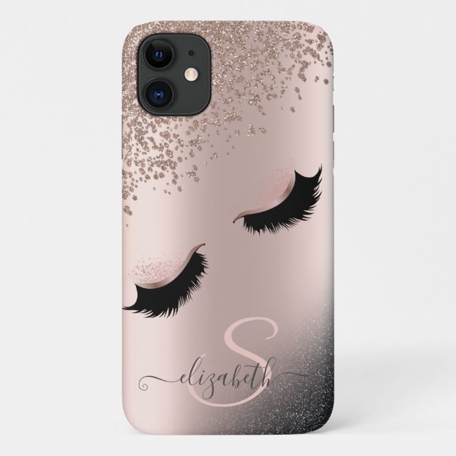 Imitate Lashes Schwarzer Glitzer Diamonds Rose Gol Case-Mate iPhone Hülle (Rückseite)
