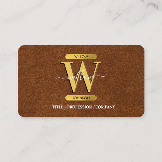 Imitate Leather & Gold Monogram Social Media Visitenkarte (Vorderseite)